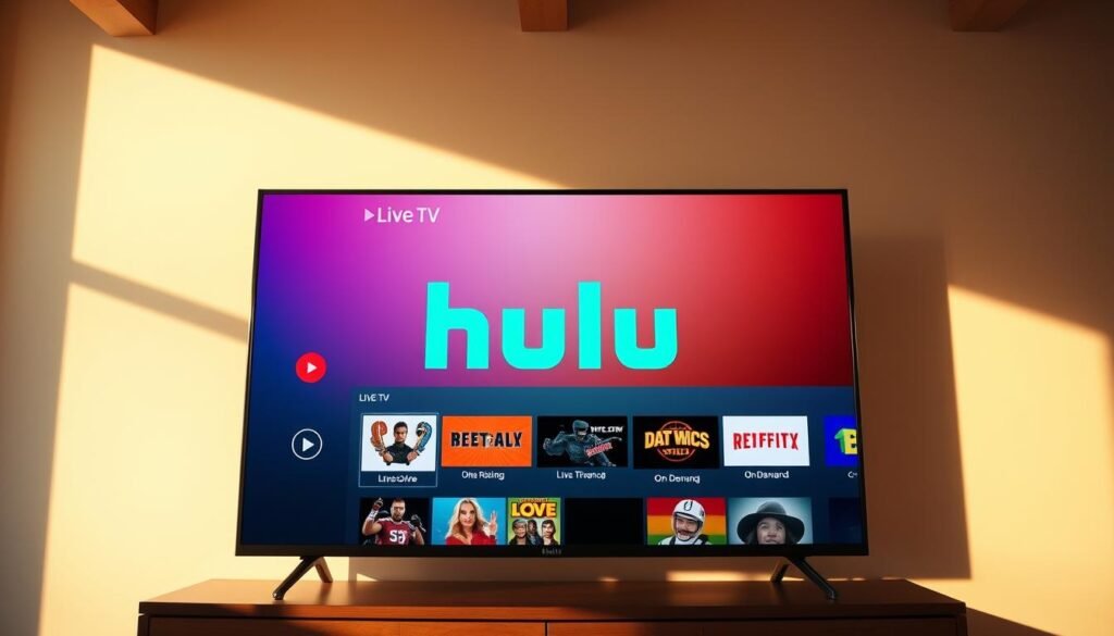 A sleek and modern streaming interface, showcasing the Hulu Live TV logo against a backdrop of vibrant colors and clean, minimalist design. The interface features a prominent menu bar with intuitive icons and options, inviting the user to explore the comprehensive entertainment package. The screen is bathed in warm, natural lighting, creating a welcoming and visually appealing atmosphere. The overall composition emphasizes the seamless integration of live television and on-demand content, reflecting Hulu's commitment to providing a seamless and immersive viewing experience.